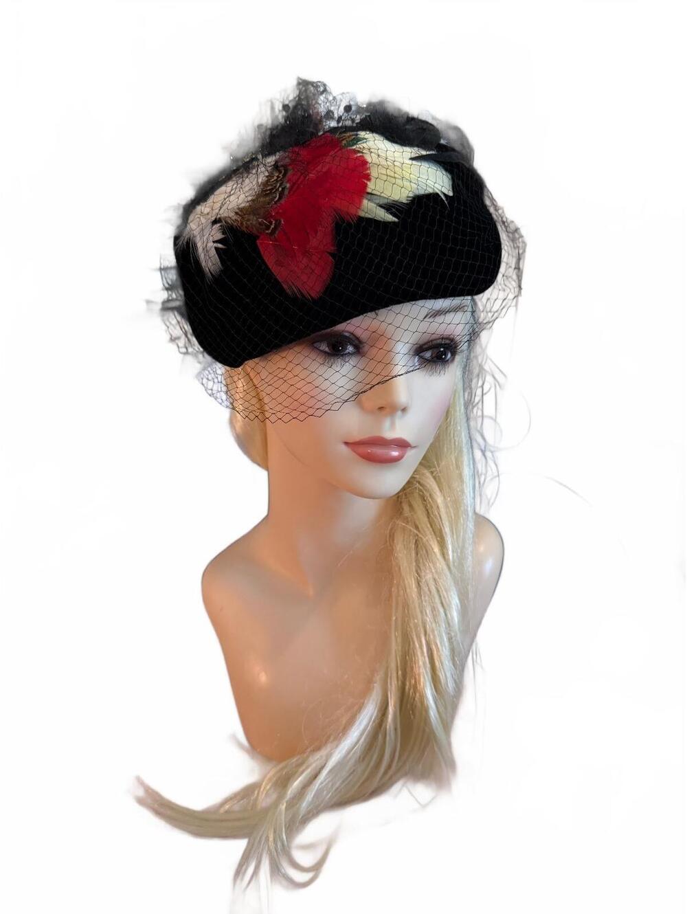 Vintage Black Pillbox Hat with Feather and Veil Detail